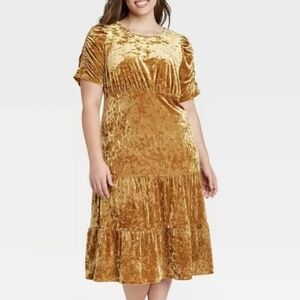 Mustard Yellow Velvet Midi Dress Ruched Boho Festival Dress